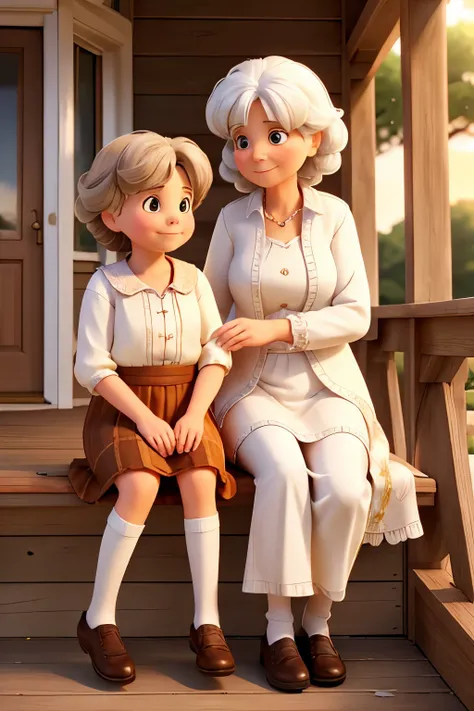 A white-haired grandmother and her young brown-haired granddaughter sat together on the porch enjoying the sunset