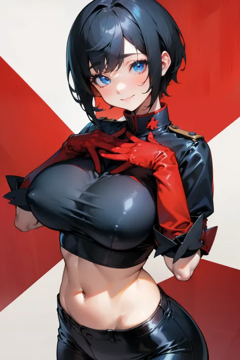 Cute girl, short cut black hair, blue eyes, smile, red gloves, big breasts, exposed stomach, short tight black pants