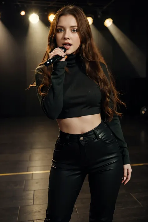 singer, woman in canvas sleeve shirt and turtleneck, black pants, black boots, long red wavy hair, yellowish green eyes, singing into a microphone, various angles, camera 85, 8k high quality, close no rosto