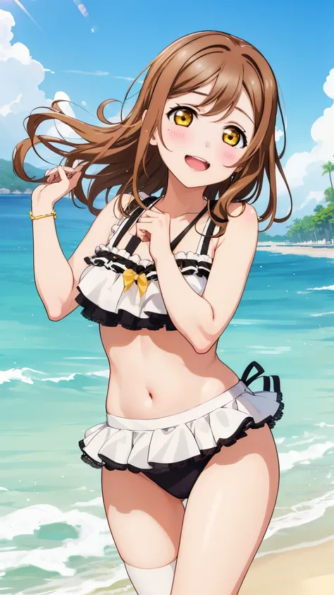 1girl, kunikida hanamaru, brown hair, yellow eyes, blush, messy hair, masterpiece, high quality, detailed body, detailed face, frilly swimsuit, beach