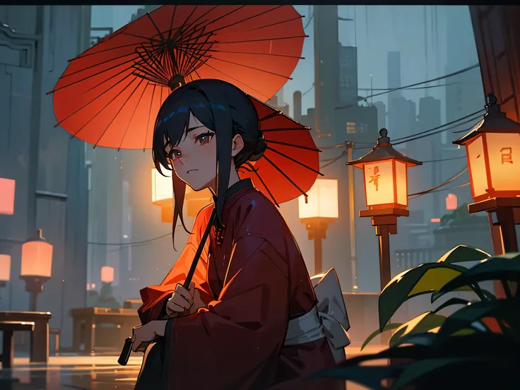 A woman sitting at a table under a red umbrella on a rainy night in a city street, with lanterns and plants around her, in the style of an anime or illustration, with a detailed, photorealistic, cinematic look.