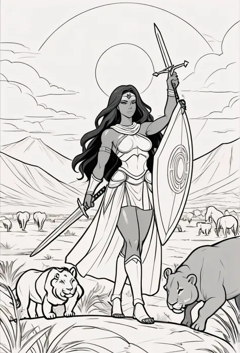 Vector Art, Flattening, smooth line art, Minimalism, graphic design aesthetics, flat illustration, (masterpiece, best quality, perfect composition, very aesthetic) A line art black and white outline of a christian nubian warrior, resembling Wonder Women lo...