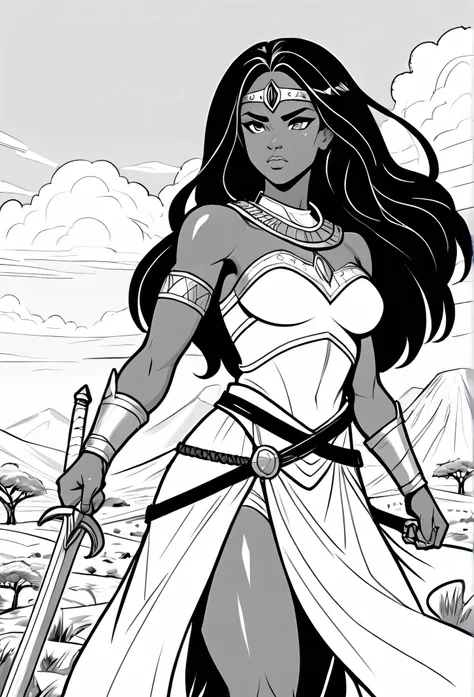 Vector Art, Flattening, smooth line art, Minimalism, graphic design aesthetics, flat illustration, (masterpiece, best quality, perfect composition, very aesthetic) A line art black and white outline of a christian nubian warrior, resembling Wonder Women lo...