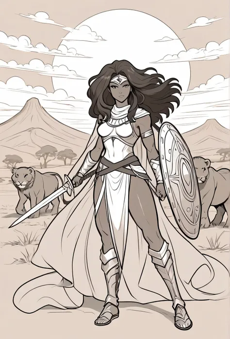 Vector Art, Flattening, smooth line art, Minimalism, graphic design aesthetics, flat illustration, (masterpiece, best quality, perfect composition, very aesthetic) A line art black and white outline of a christian nubian warrior, resembling Wonder Women lo...