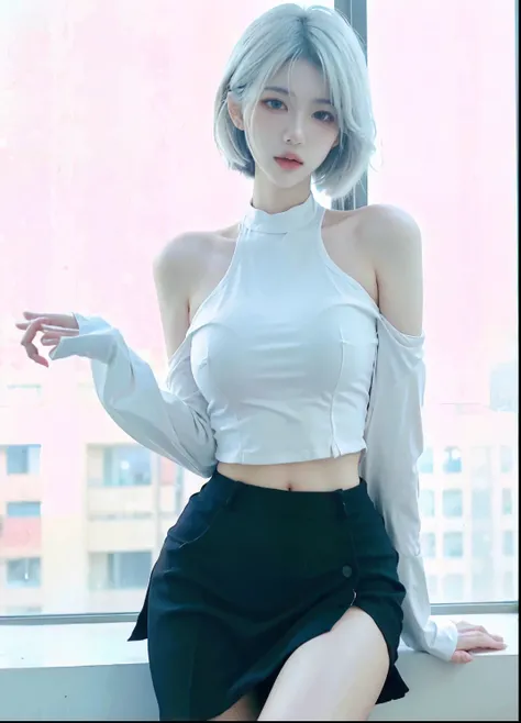 Beautiful woman with perfect figure:1.4，Ultra-high resolution，White background，（Realism:1.4)，Layered hairstyle，White skin，JK:1.5，Super short pleated skirt，whole body：1.4，Very delicate and skin texture，Double eyelids，Skin Whitening，Long hair，White hair
