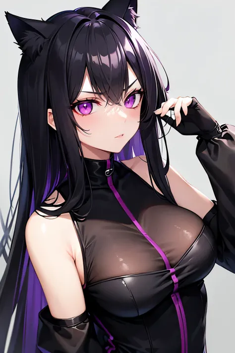 Cat girl, black hair, vertical slit pupils, purple eyes,  serious gaze, cold gaze, emotionless, black clothes, elegant, refined, clean.