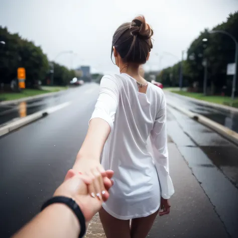 1 oversized bottomless shirt japanese girl, ultra detailed, highres, masterpiece,
by_style, gf_holding_hands, 1girl blonde holding hands with viewer, walking into the hailstorm