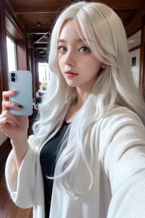 Woman, White long, curly hair，Natural hair. white hair.  Blue eyes. student. University. Selfie. 