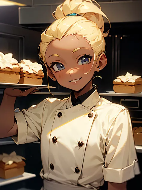 chibi, solo, upperbody, blonde, darkskin, open forehead, cute face,smile, chefs clothes, (small square baked good sweets), kitchen,