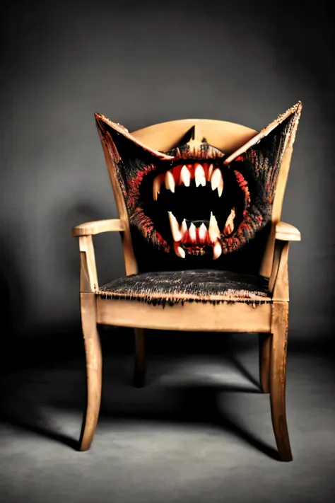 a rabid hungry chair with teeth and eyes