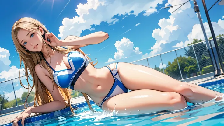 Ultra HD、super high quality、masterpiece、detailed、8K、Location: Poolside、Sitting and listening to music on headphones、The Sunshine、Flowing Clouds、A 15-year-old high school girl is sweating、The high school girl is Russian and has long blonde hair.、Has blue ey...