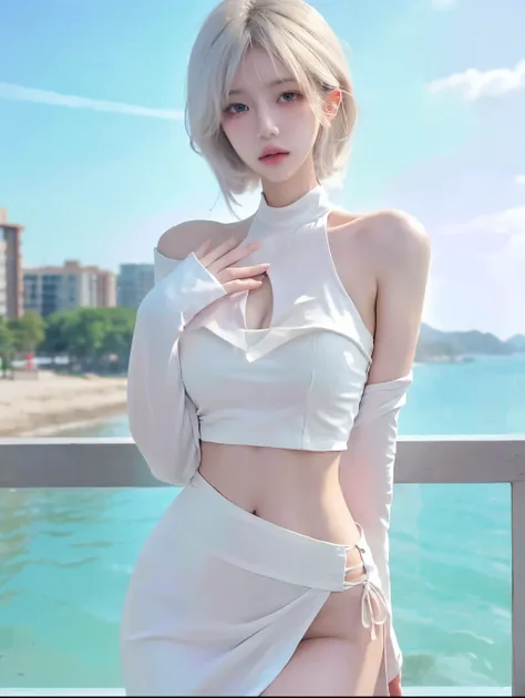 Beautiful woman with perfect figure:1.4，beach，Layered Hairstyle，White skin，Prominent cleavage，White bikini:1.5，White ultra-short pleated skirt，whole body，Very delicate face and skin texture，Double eyelids，Skin Whitening，Long white hair