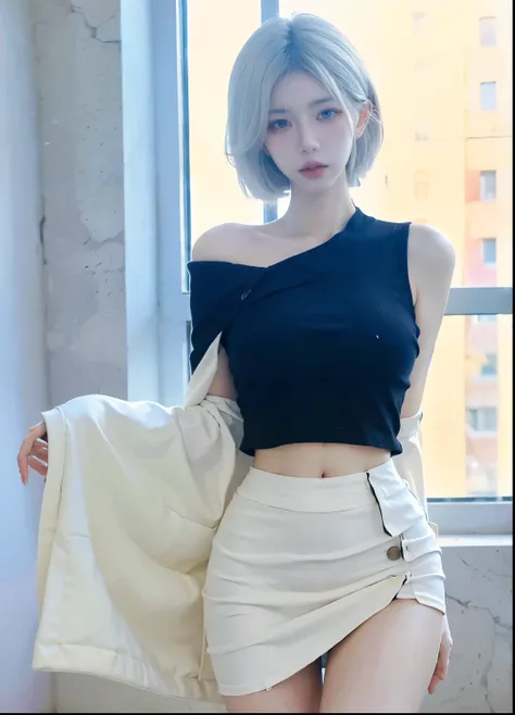 Beautiful woman with perfect figure:1.4，Ultra-high resolution，White background，（Realism:1.4)，Layered hairstyle，White skin，JK:1.5，Super short pleated skirt，whole body：1.4，Very delicate and skin texture，Double eyelids，Skin Whitening，Long hair，White hair
