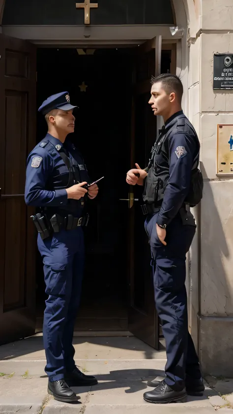 policeman talks to another policeman in front of the entrance to a catholic church