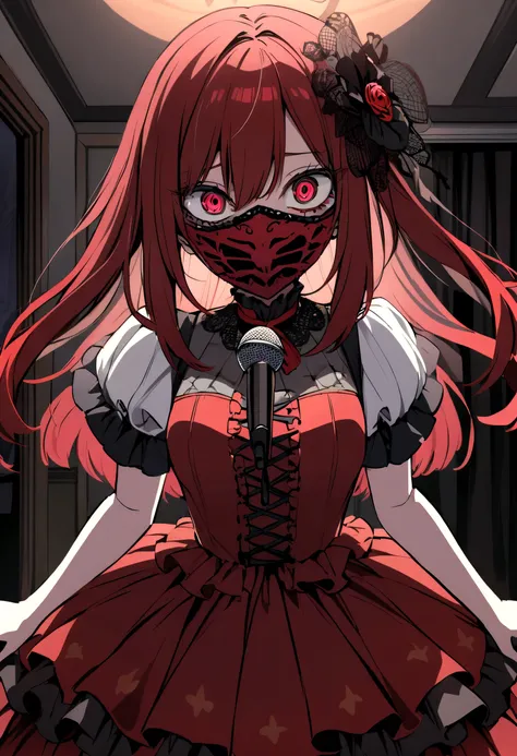 An anime girl with dark red hair wearing a mask with terrifying details in a room with terrifying details in front of her with a microphone