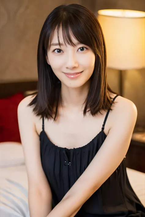 masterpiece, Best quality, Skinny Japanese woman, 40 years old, sexy nightwear, on the bed in a hotel room, correct body structure, slight smile, perfect face, detailed face, detailed eyes