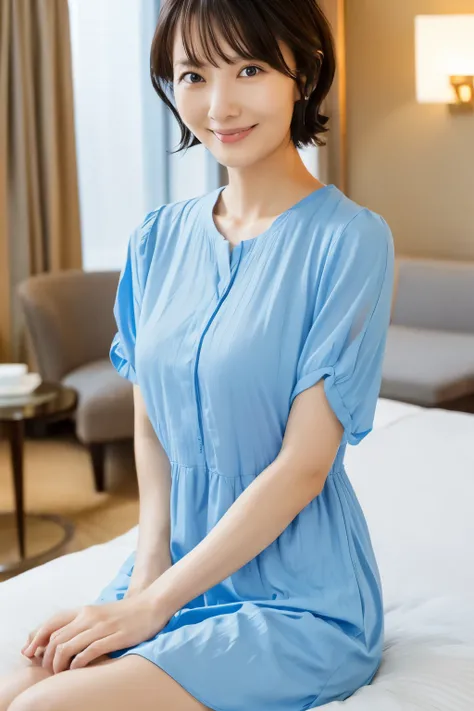 masterpiece, Best quality, Skinny Japanese woman, 40 years old, sexy nightwear, on the bed in a hotel room, correct body structure, slight smile, perfect face, detailed face, detailed eyes