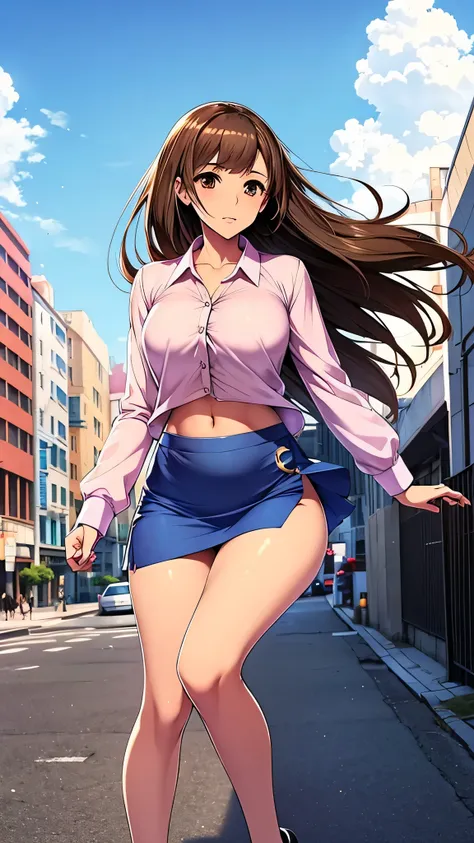 in anime, a girl with light skin, sexy, cute, leaders, long brown hair, her brown eye, wears a pink button-down blouse, shows he...