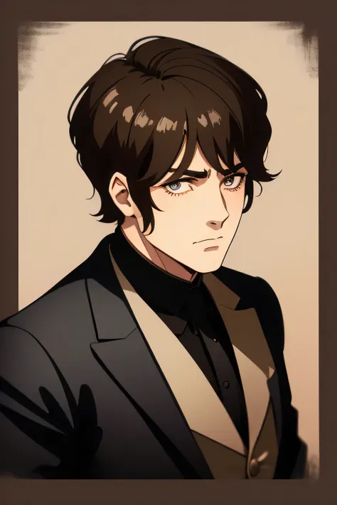 Style retro anime, 1 chico, Alone, looking at the viewer, short hair, Brown hair, grey eyes, Closed mouth, mole, black suit, 1880 style, aristocratic clothing, portrait, retro artStyle, 1980s (Style), Masterpiece, Best Quality , Official Art ,