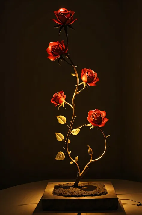 A sculpture in the shape of a rose branch with lighting 