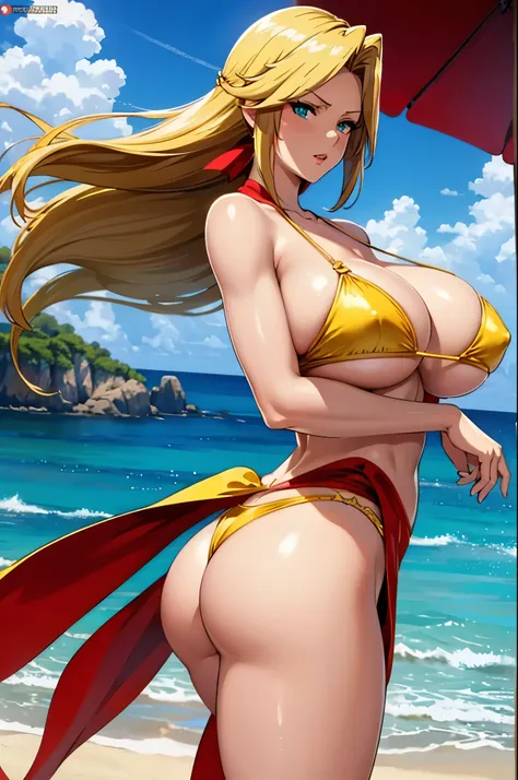 (Strong sunlight)Golden Bikini (Triumphant Face:1.3), The face we&#39;re looking for,8K(A slightly shy smile),
woman,Huge boobs,very red lips,Emphasis on huge breasts,Big Ass,Thin waist long legs,Green Eyes, Emphasis on huge breasts,Greenish blue eyes
(Ani...