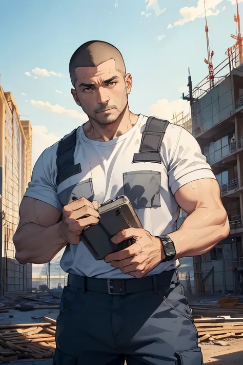 ((A 45-year-old middle-aged man working at a construction site))、((good looking))、、(((Construction site)))、、,Short Hair、((buzzcut))、A little muscular、)、((Masculine))、Detailed facial expressionasterpiece),Highest quality,Excellent anatomy、Angle from the fro...