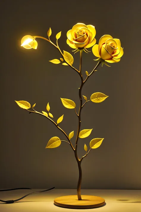 A sculpture in the shape of a rose branch with lighting with yellow color 