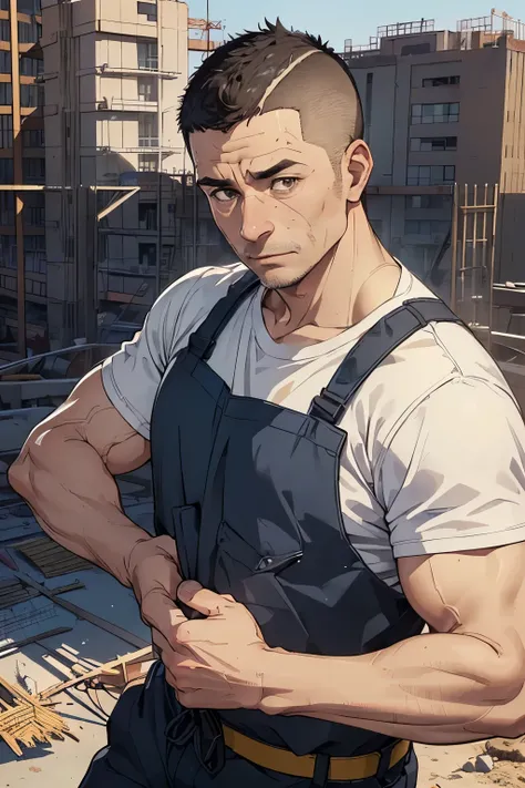 ((A 45-year-old middle-aged man working at a construction site))、((good looking))、、(((Construction site)))、、,Short Hair、((buzzcut))、A little muscular、)、((Masculine))、Detailed facial expressions、(masterpiece),Highest quality,Excellent anatomy、Angle from the...