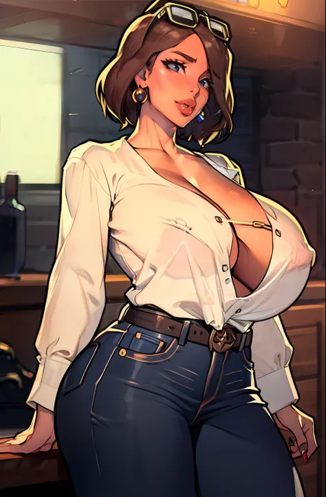 warMercedes, short hair, earings ,glossy lips ,light brown hair, 1girl, solo, standing, black t-shirt, white shirt, jeans, belt, lipstick, eyewear on head,huge breasts,milf,ara ara