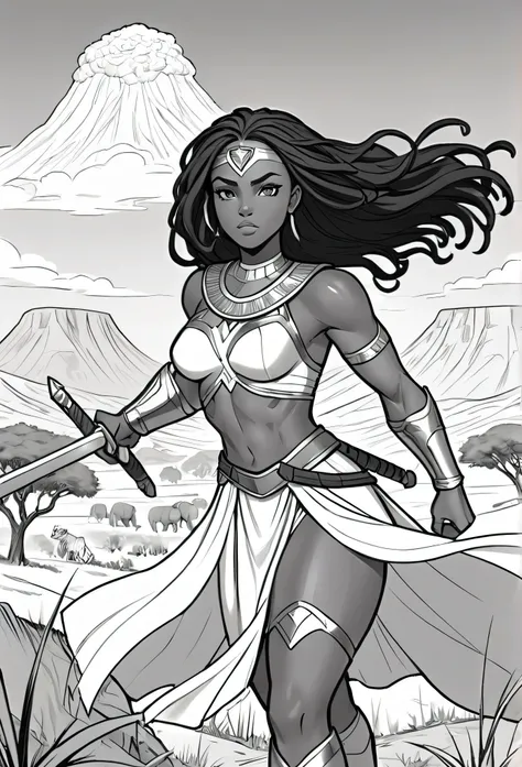 A line art black and white outline of a christian nubian warrior, resembling Wonder Women long flowing hair, different nationalities, easy to color design, up close, combat ready, sword and shield in hand, Background realistic and minimalistic African Sere...