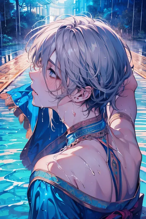 ((male:1.5)),(forhead mark),((White hair)),((rainy:1.2)),(nsfw:1.3),((high quality:1.2)),((perfect picture:1.2)),((beautiful image:1.2)),((high view:1.2)),blush,(marine:1.2),((Wet Hair:1.3)),((perfect hand:1.0)),(kiss me:1.05),Falling into Pleasure,(Arabia...