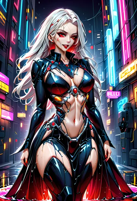 ((a photorealistic glamour shot of an exquisite, glamour mecha female vampire: 1.5)), ((full body: 1.3)), ultra feminine, pale face, silver hair, long vibrant shiny hair, glamorous hair,  red eyes, miniatures mechanical , deep penetrating eyes, red lips, l...