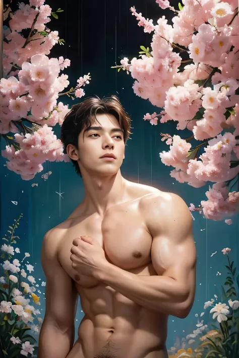 a muscular, 1 man, solo, (oil painting:1.5), (NSFW:1.2), a man joyfully twirling in the raining paint, 1boy, short hair, floral, Lycianthus ,In light pink and light blue styles..., Dreamy and romantic composition..., dripping flowers on his face, in the st...