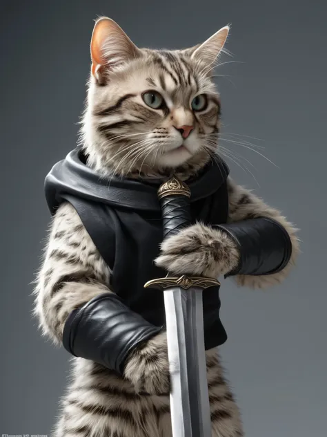 cat,holding a sword、very detailed、(supersaturation:1.3) . extremely high resolution detail, photograph, realism pushed to the li...