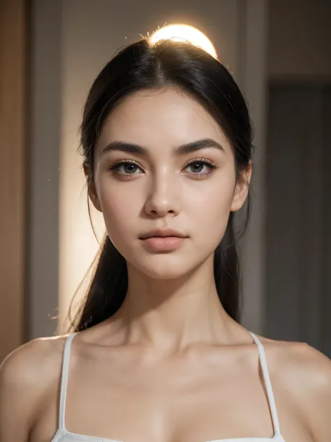 a young and attractive woman,blue gray mixture misty eyes,deep gaze,straight eyebrows,a straight nose,plump peach-toned lips (the lower lip is slightly thicker than the upper lip),a pronounced and strong jawline, high cheekbones, tufts of black hair surrou...