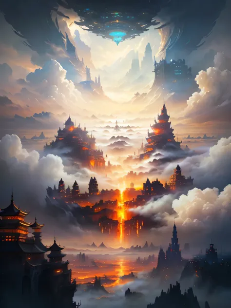 A painting of a city surrounded by clouds and mountains, Symmetrical epic fantasy art, Floating city in the clouds, Detailed fantasy digital art, Epic fantasy digital art style, Cloud Palace, An ancient city engulfed in fire, Highly detailed fantasy art, E...