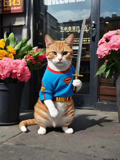 Hyperrealism Art、 (傑作photograph:1.3) of (Super detailed:1.3) Cat,Holding a sword,In front of Flower shop,(Artist: Butcher Billy:1.3),Very detailed,(Vorticism Art:1.3),(Supersaturation:1.3) . 非常に高解像度of詳細, photograph, Realism pushed to the limit, Fine textur...