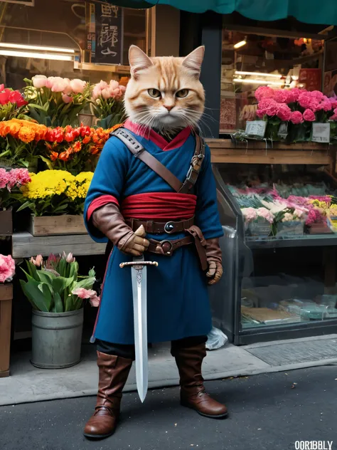 hyperrealism art、 (傑作photograph:1.3) of (super detailed:1.3) cat,holding a sword,in front of flower shop,(artist: butcher billy:...