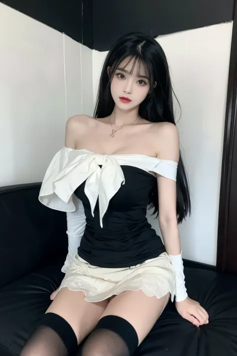 Sweet girl clothes5,high-waist skirt,jewelry,thighhighs, ((Large Breasts)), ((D cup)), Visible cleavage，Highly detailed face and skin texture，((Bare shoulder)), Double eyelids，Skin Whitening，Long hair，Whitening long legs，Standing by the sea, Fashion Girl, ...