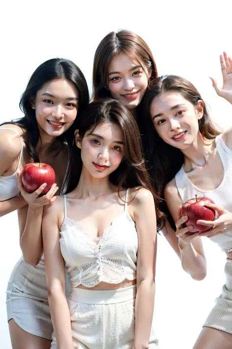 (Delicate face), (movie lighting), (ray tracing), (studio), (white background), (textured skin), (4K), (best picture quality), (young and energetic), (masterpiece), (detail), (whole body), five lively girls holding an apple in hand, smiling at the screen i...