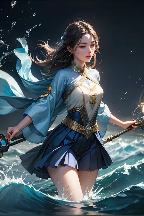 "Create an ultra-realistic image of a beautiful 21-year-old girl holding a magical staff that radiates the essence of water. She should be dressed in an elegant, dark blue shaded outfit that reflects her deep connection to the element of water. Surround he...