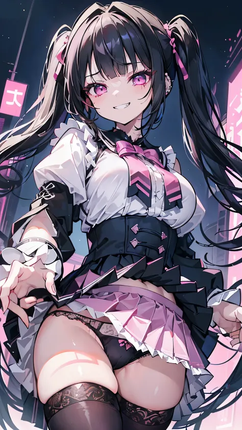 ((masterpiece、Highest quality、Very detailed))、One Girl、Black Hair、Long Hair、twintails、blunt bangs、Pink eyes、evil smile、((Grin))、(lots of piercing))、Large Breasts、((Pink ruffled outfit))、Long sleeve、((Black pleated skirt))、((Black knee socks))、((skirt lift)...