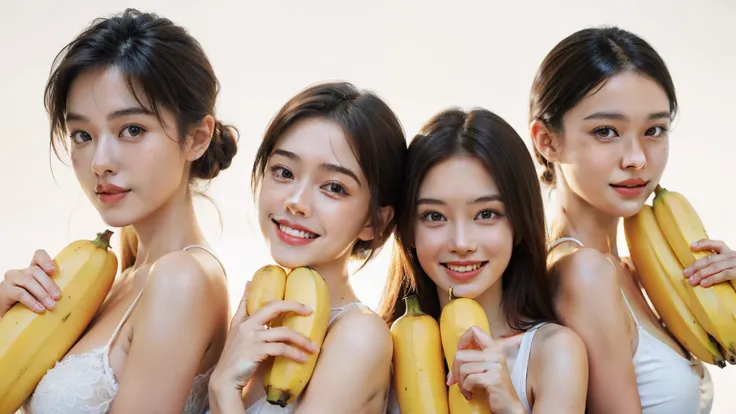 (Delicate face), (movie lighting), (ray tracing), (studio), (white background), (textured skin), (4K), (best picture quality), (youthful vitality), (masterpiece), (detail), (whole body), five lively girls with bananas in hand, smiling at the screen in a di...