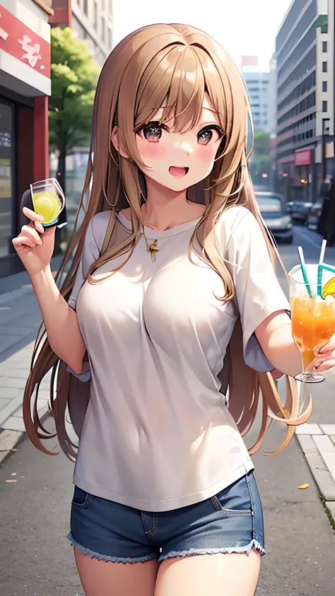 breast, brown long hair, breast feed, Laughing with your mouth open, 白いノースリーブシャツ, short pants, city, holding a drink