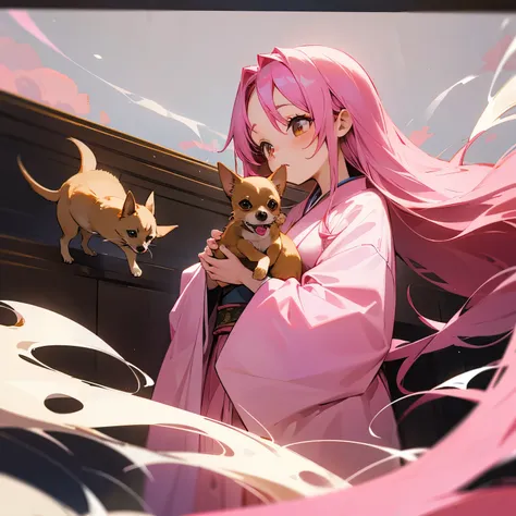 Japanese、woman、Pink long hair、Holding a Chihuahua