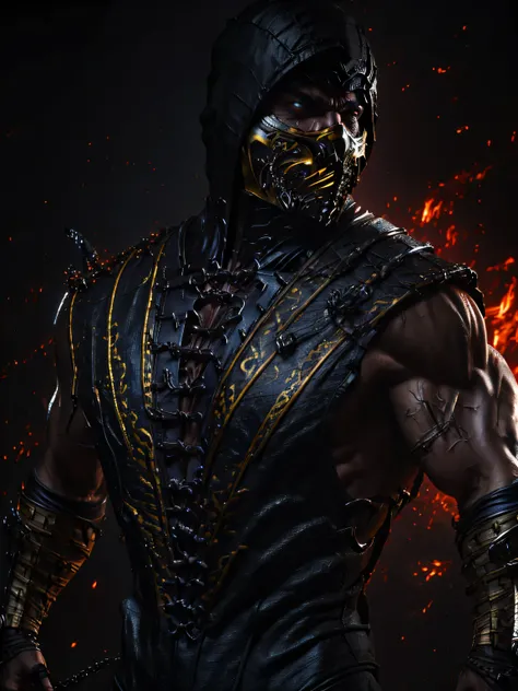 Scorpion from mortal kombat, muscular body, fiery eyes, battle, 8k close-up, fierce