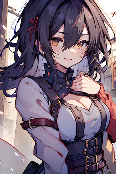 hui xiyi, rekkyo sensen, rekkyou sensen, character design ((black hair, tits cleavage, waving, breasts close up, suspenders, dress, blue clothes, swept bangs, belt, frills shirt, knit sweater, exposed breasts, straps, ribbon, fur clothes, upper body, long ...