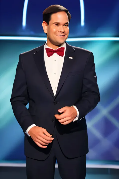 marco rubio face closeup, face focus, shirt, formal, suit, collared shirt, white shirt, jacket,
Dressed in a flashy game show host outfit with a bow tie and sparkly jacket, standing on a game show set, spinning a large prize wheel,
best quality, masterpiec...