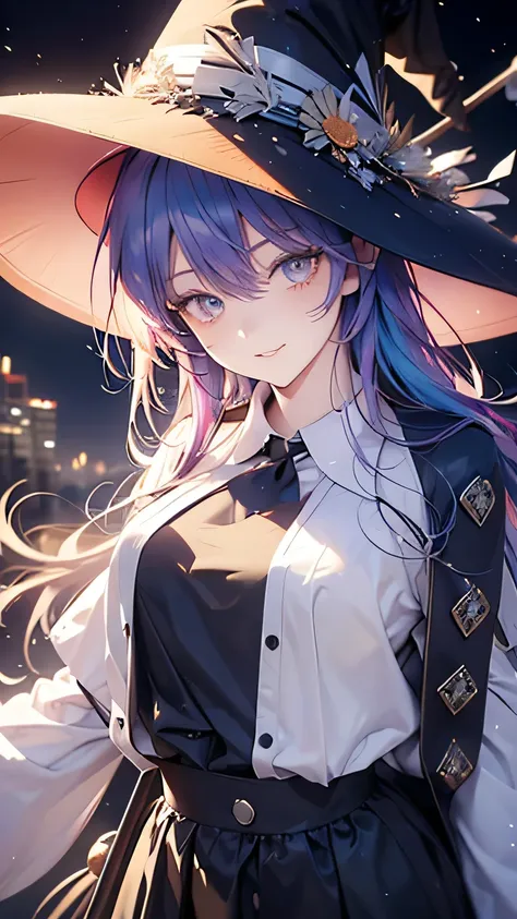 ((rainbow hair)), hair over shoulder, messy hair, hair over eyes, witch hat, wizard hat, grin, bright pupils, happy, anime, cinematic lighting, UHD, ((masterpiece)), super detail, (detailed eyes, detailed face), high quality, highres, high details, Witch w...