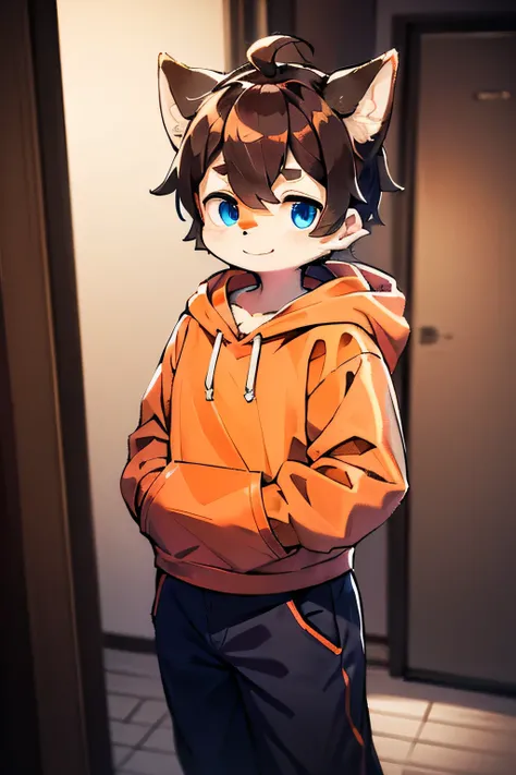 (Shiba Inu Beastman, Blue Eyes, *Brown Hair*, Fluffy, Boy, Cool, Orange Hair) Hoodie, Orange and White Hair on Face, Mischievous Smile, A Little Mischievous, Tall, Standing
